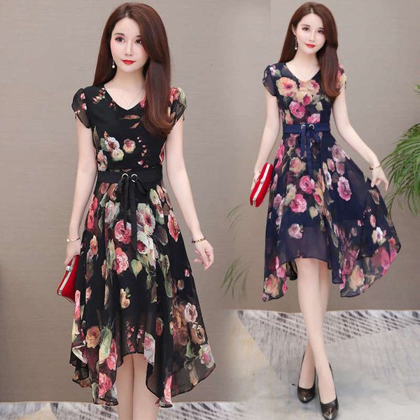 

2020 flower chiffon french summer small new fashion women's long super fairy dress, Black;gray