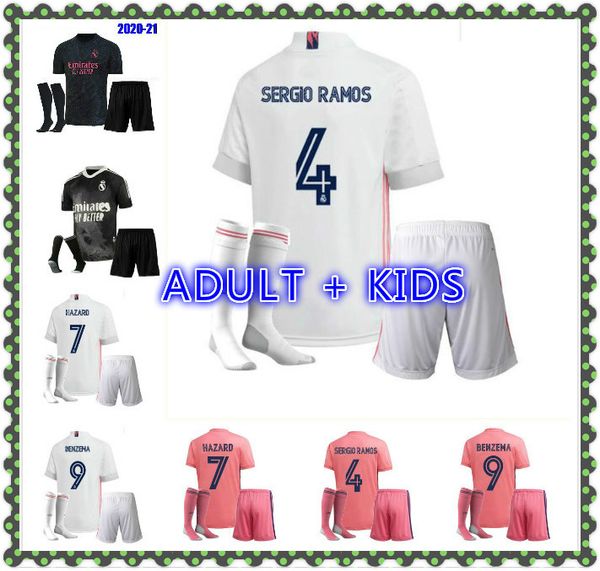 

kids kit 2020 2021 real madrid soccer jersey 20/21 sergio ramos hazard benzema modric camiseta de futbol football shirt set+socks, Black;yellow