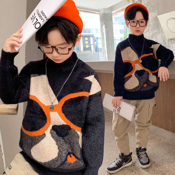 

boys' mink fce sweater pullover 2020 winter neck thickened middle school trendy children's bottom, Blue