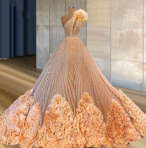 Lüks Şampanya Gelinlik Modelleri Bir Omuz 2022 Muhteşem Ruffles Bling Sequins Abiye Couture Dubai Arapça Ünlüler Vestido De Novia