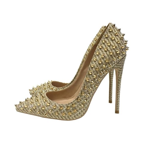 

2020 fashion women lady gold glitter spikes rivet poined toes high heels shoes wedding pumps shoes 12cm 10cm, Black