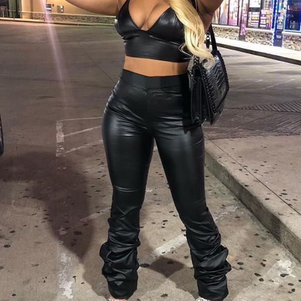 

sisterlinda pu leather stacked sweatpants for women high waist skinny pants vintage casual street stretchy high ladies trousers1, Black;white