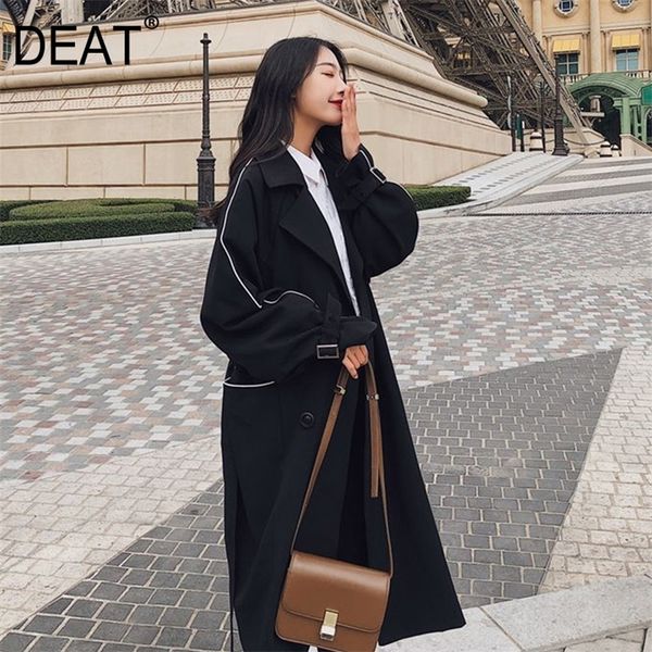 

[deat] new autumn fashion women trench coat full sleeve lapel double button loose long white lined high street sashes am968 201031, Tan;black