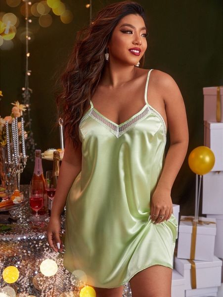 

plus contrast polka dot mesh satin cami night dress 06tl#, Black;white