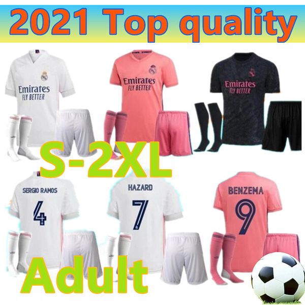 

2021 real madrid soccer jersey kits uniforms 20/21 sergio ramos hazard benzema modric camiseta de futbol football shirt set +socks, Black