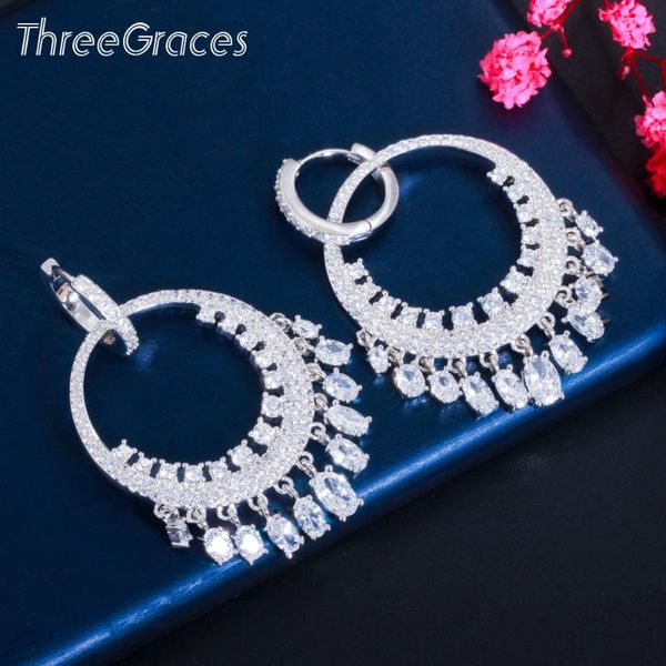

dangle & chandelier threegraces elegant wedding engagement tassel drop earrings for women shiny cubic zirconia party jewelry er547, Silver