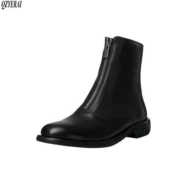 

qzyerai 2020 european fashion genuine leather female boots women's boots horsehide women's shoes size 34-39, Black