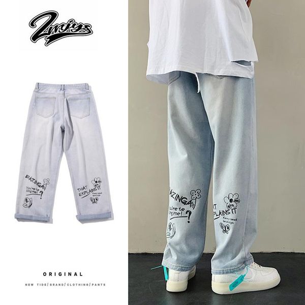 

men's jeans wholesale denim mens straight loose hong kong style pants trend all-match falling feeling wide leg mopping daddy, Blue