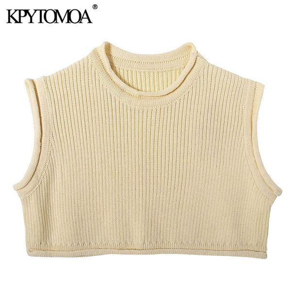 

kpytomoa women fashion solid cropped knitted sweater vintage o neck sleeveless female pullovers chic 201017, White;black