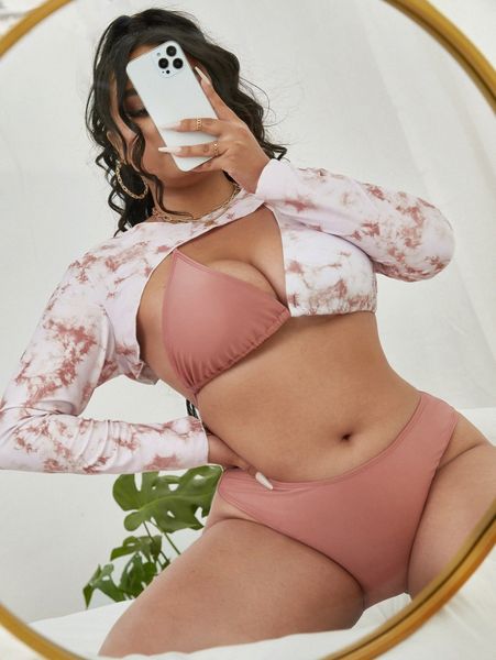 

3pack plus tie dye triangle bikini swimsuit & cover up s1xo#, Black