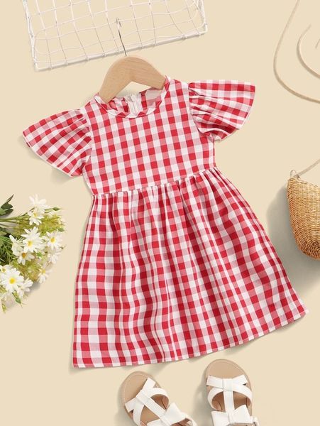 

baby gingham print butterfly sleeve dress she, Red;yellow