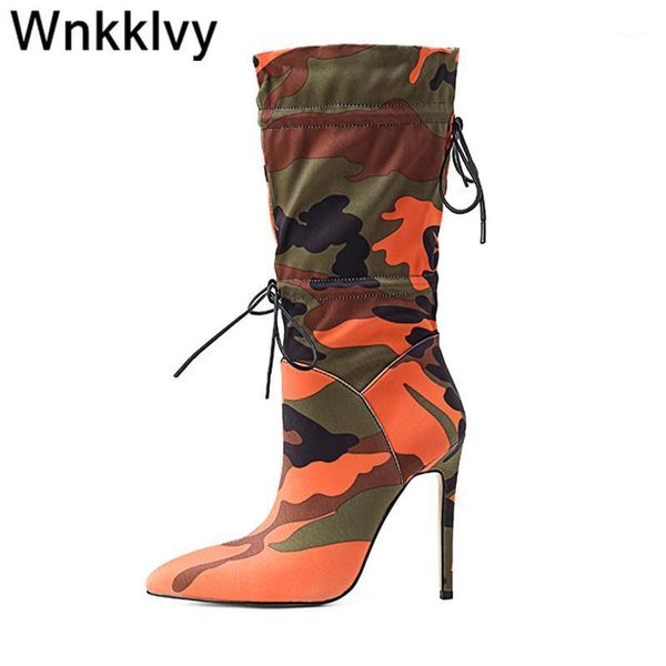 

boots 2021 autumn winter pointed toe camouflage mid calf women super high heel shoes party long stilettos1, Black