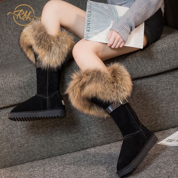 

ry-relaa зимние женщины натуральная кожа мода платформа зарубежные женские лисины волосы коленые сапоги lj201030, Black