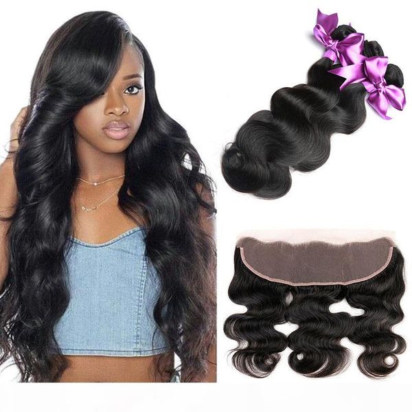 

brazilain 13x4 ear to ear lace frontal closure with bundles brazilain body wave virgin human hair weave extensions with lace frontal, Black