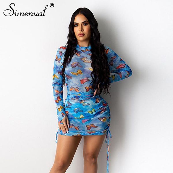 

simenual mesh see through party dress women long sleeve drawstring ruched mini dresses bodycon butterfly print clubwear, Black;gray