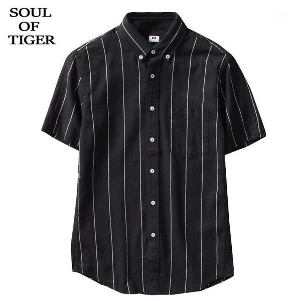 

soul of tiger chinese designer luxury mens vintage linen short sleeve shirts male casual striped black blouses plus size1, White;black