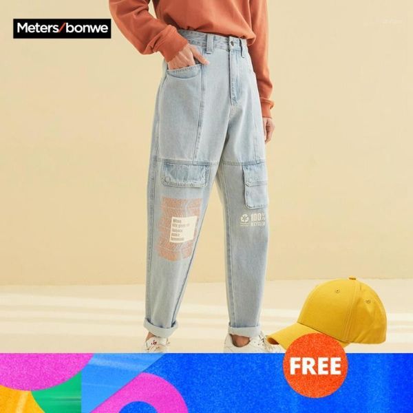 

men's jeans metersbonwe men 2021 spring straight streetwear printing light blue pants youth casual trend men1