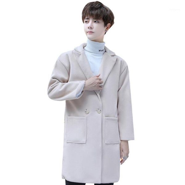 

missky new winter men blends v-neck lapel woolen trench coat thicken solid color loose middle long overcoat male 1, Black