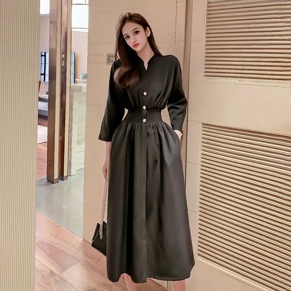 

cpcgx dress long women's autumn winter 2020 korean version of light cooked french the lady and waist closing hepburn styleover knee sty, Black;gray