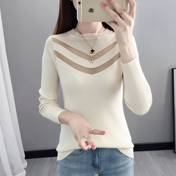 

30meh mesh and new autumn knitwear knitted sweater women's solid color 2020 stitching hollow slim long sleeve bottoming sweater, White;black