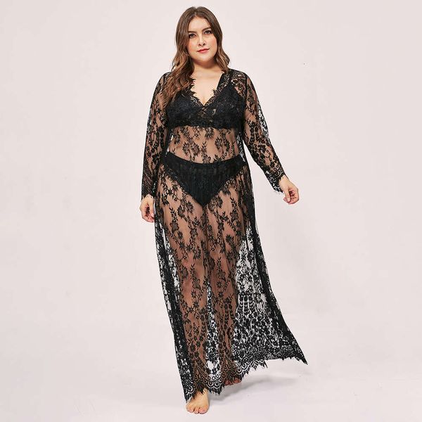 

plus size women's perspective of cut out lace dress pajamas 6710, Black;red