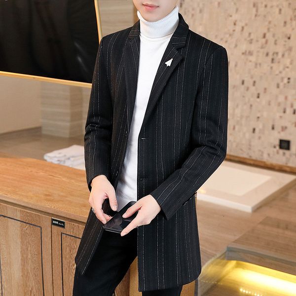 

new windbreaker youth slim middle long men's woolen coat, Tan;black