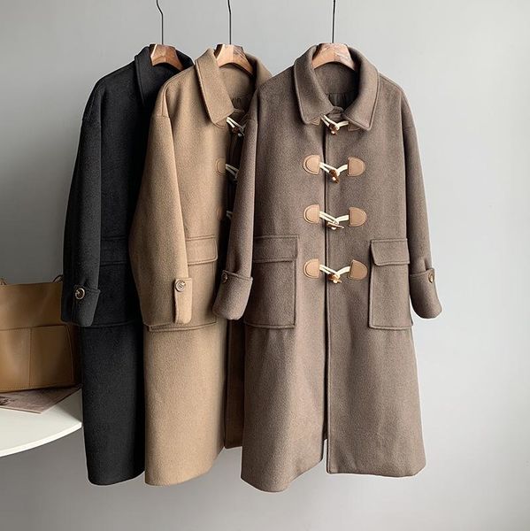 

women's wool & blends 2021 winter retro solid color horn buckle hong kong style female woolen mid-length coat british loose, Black