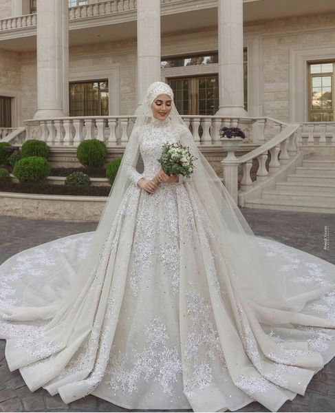 Vestidos de casamento muçulmanos de lantejoulas brilhantes com hijab 2021 cristal plus size vestidos de noiva oriente médio luxo novia2392