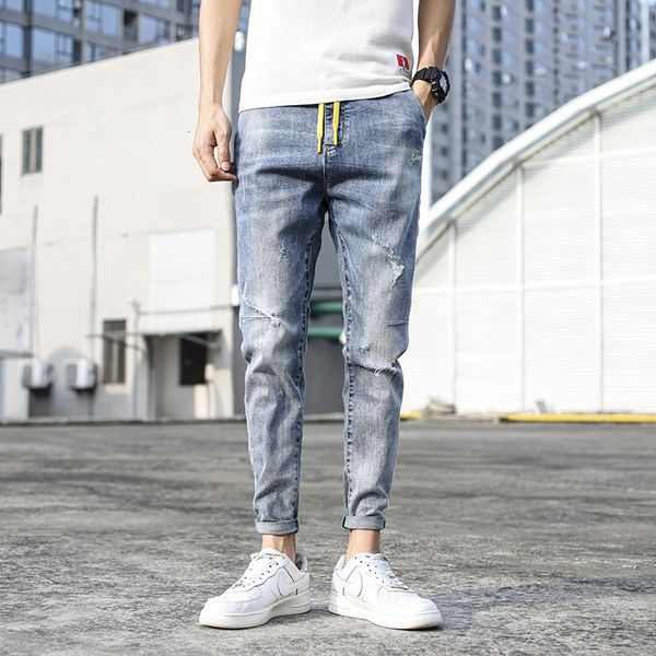 

design style hole blue nine point small foot stretch men's jeans