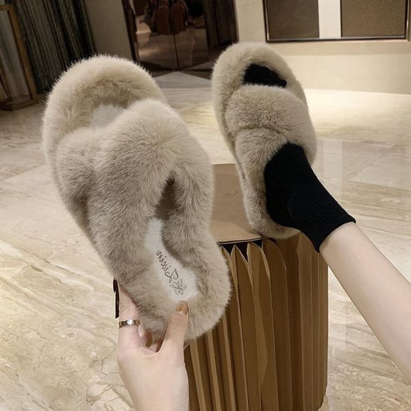 

fur shoes womens slippers outdoor slides pantofle lady fashion plush soft flat 2021 girl luxury rome with fur rubber basic, Black