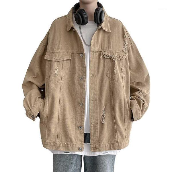 

21 spring men's denim korean fashion hole versatile tooling high class street blasting jacket1, Black;brown