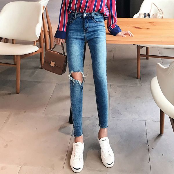 

new hole quarter high waist leggings jeans women's clothing spring 2019, Blue