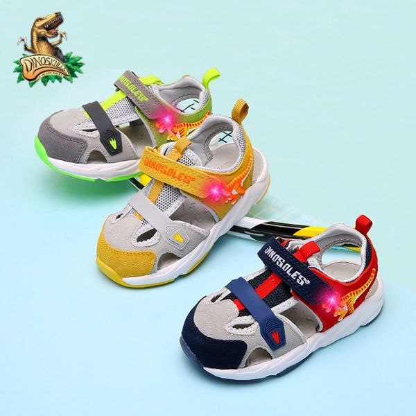 

dinoskulls toddler baby sandals led dinosaur kids trainers front toe closed 2 boys first walking summer sandals soft beach shoes 1005, Black;red