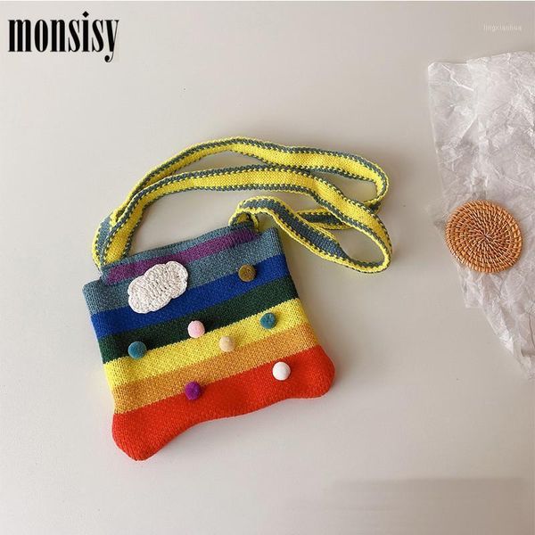 

monsisy baby girl purse handbag children wallet kid crossbody winter wool rainbow shoulder bag christmas gift small knitting bag1, White