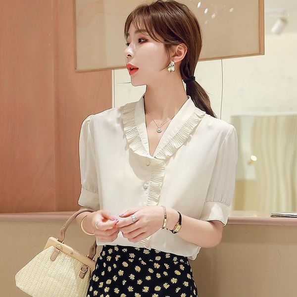 

coigarsam french style short sleeve blouse women new summer chiffon blusas womens and blouses white shallow apricot 50461