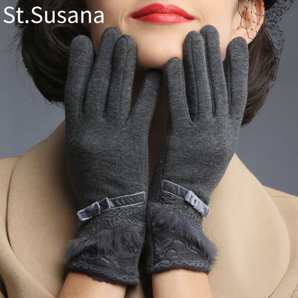 

2020 autumn winter gloves lady women female warm lovely bow knot fur fashion velvet fabrics touch screen gloves mittens, Blue;gray