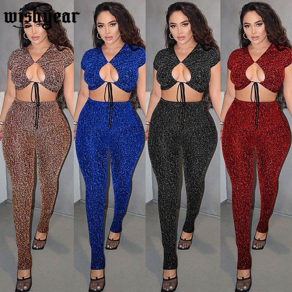 

2021 spring shining wire 2 piece suit short sleeve lace up hollow out crop and pencil pants club party outfits, Gray