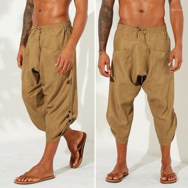 

mens retro ethnic style casual pants sweatpants hip trousers joggers track cotton pants new male lace-up loose polyester solid1, White;black