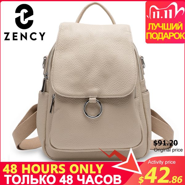 

zency 2020 new fashion women backpack 100% genuine leather autumn beige daily casual travel bag classic black schoolbag knapsack