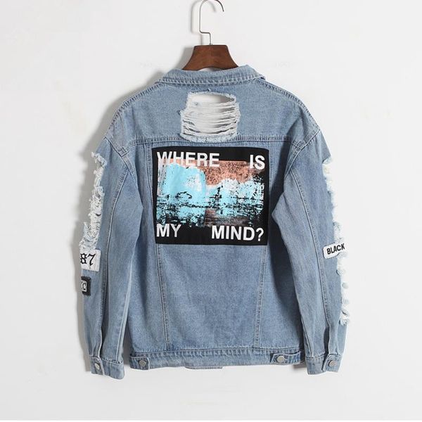 

women's jackets jocoo jolee korean version retro washing frayed embroidery letter patch bomber jacket blue ripped distressed denim coat, Black;brown