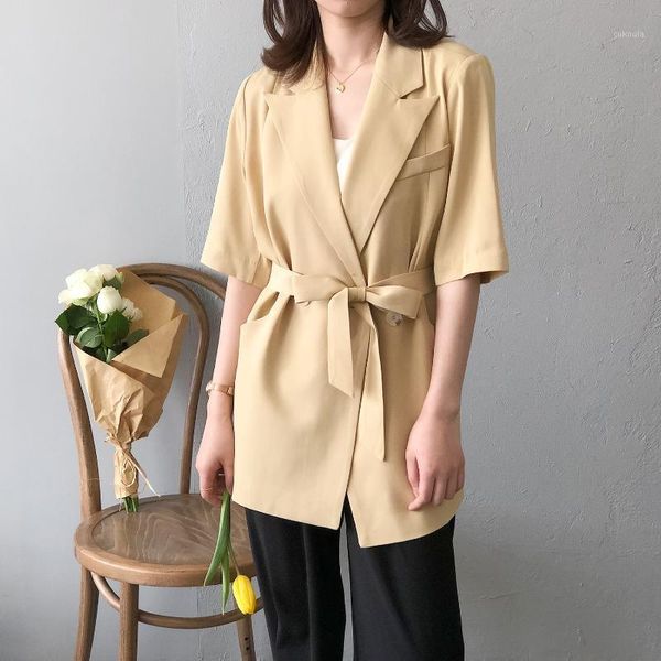 

summer thin blazer suit coat women office wear half sleeve solid color suits jacket elegant fashion blazrs with belt female coat1, White;black