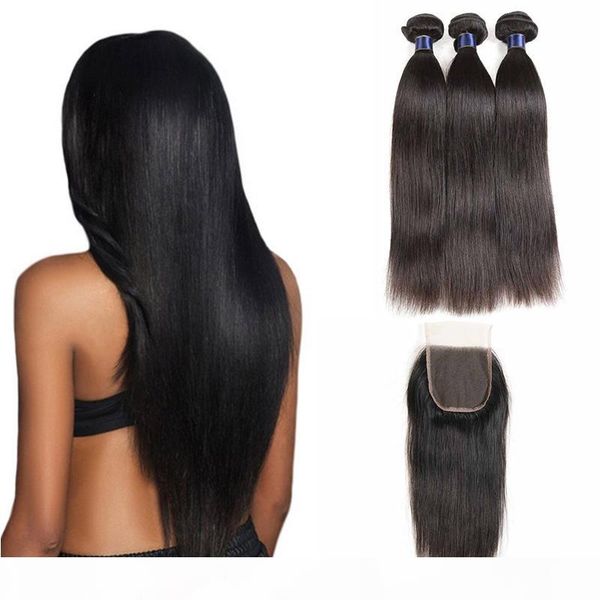 

необработанные бразильский body wave virgin человеческих волос 3 связки с closure deep water wave straight remy волос extensions и кружева з, Black
