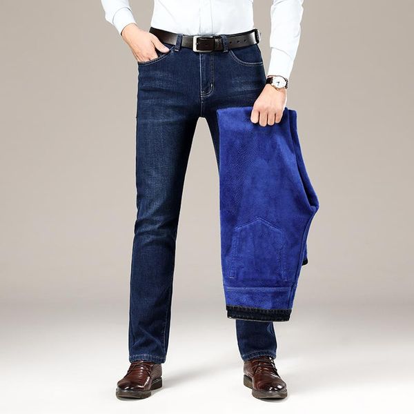 

men's jeans 2021 winter men warm thick plus size 42 44 46 elastic straight denim trousers business fashion fleece pants male brand, Blue