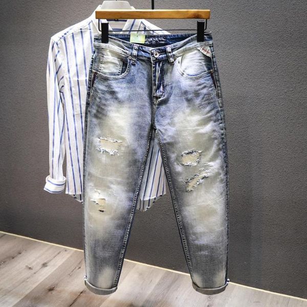 

men's jeans 2021 fall ripped patch slim micro bounce fashion trend small leg pants 28-38 size, Blue