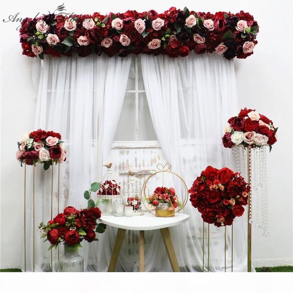 

35 45 50cm diy burgundy wine red artificial flower ball table centerpieces wedding decor party flower row arrangement christmas