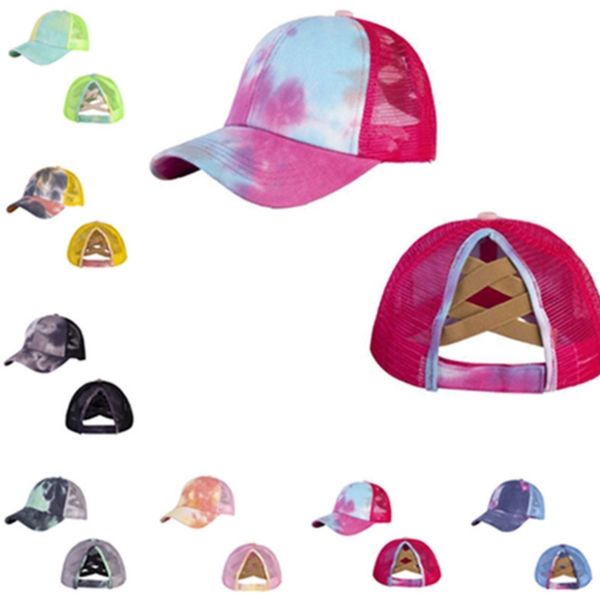 

tie dye criss cross baseball ball hats womens messy buns ponycaps adjustable mesh ponycap snapback visor trucker sports head wear 2021 h2307, Yellow