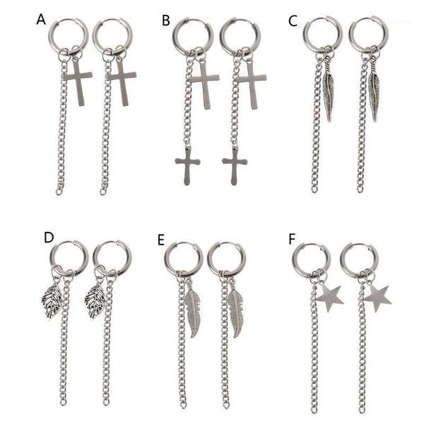 

gothic stainless steel cross feather star leaf chain dangle drop hoop earrings1, Silver