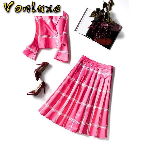 

arrival autumn winter suits women blazer suit jacket pleated skirt runway designer 2 piece sets kg-340, White