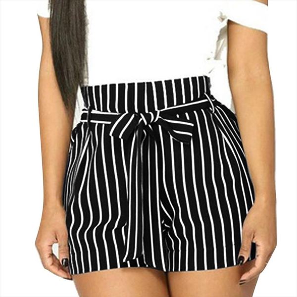 

women stripe printing pocket high waist bandage easy elastic casual short pants short feminino spodenki damskie, White;black