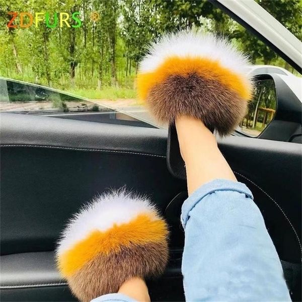 

zdfurs women fox fur slippers multicolor summer fashion slides outdoor female furry indoor flip flops beach sandal y200423, Black